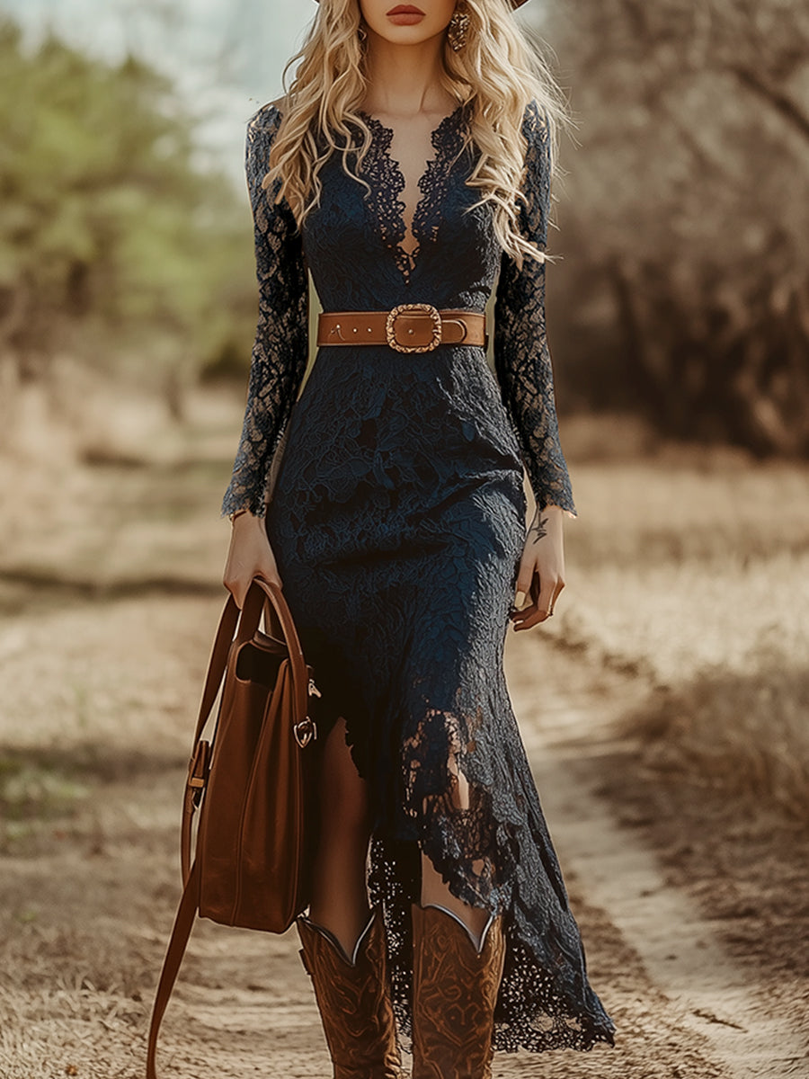 Niebieska Sukienka Boho z Koronki