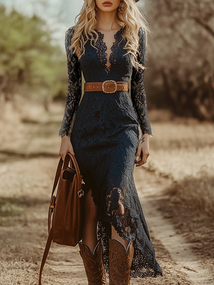 Niebieska Sukienka Boho z Koronki