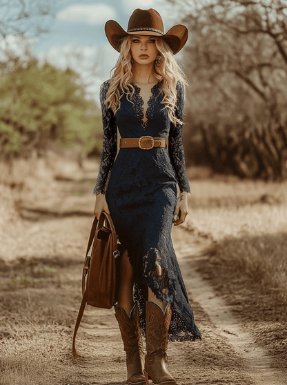 Niebieska Sukienka Boho z Koronki