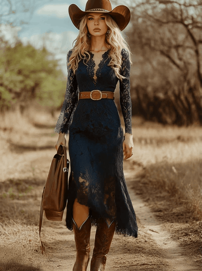 Niebieska Sukienka Boho z Koronki